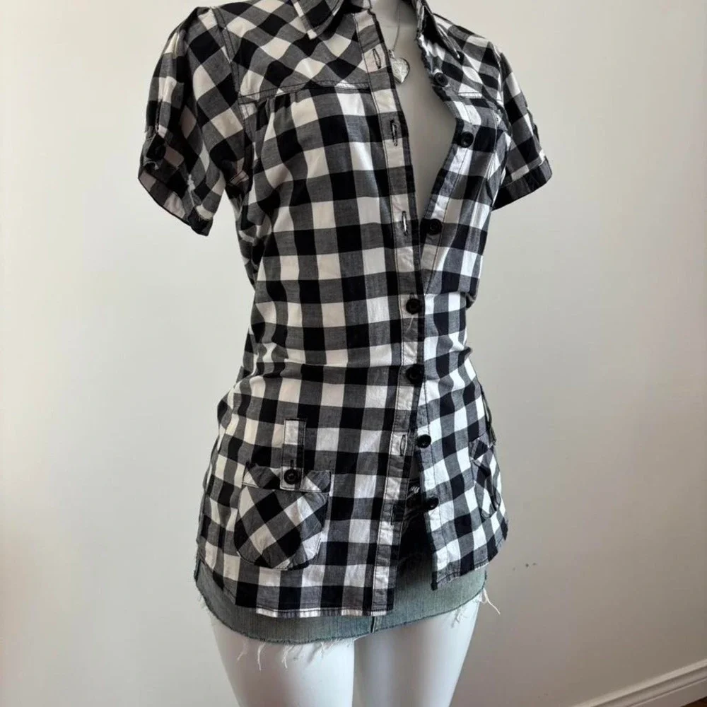 y2k black white gingham fitted blouse short sleeve size M - Picture 6 of 6